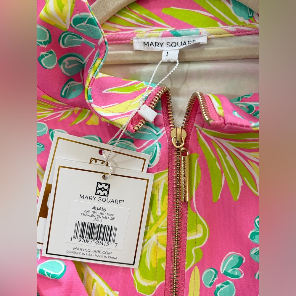 NWT SZ L Mary Square Women's Pink Tropical Print Ruffle Long-Sleeve zip up top - Picture 7 of 7